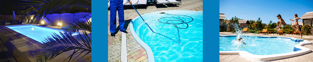 Uma piscina limpa toda iluminada e crianças pulando na água mostrando uma piscina limpa e cristalina e um rapaz limpando a piscina.